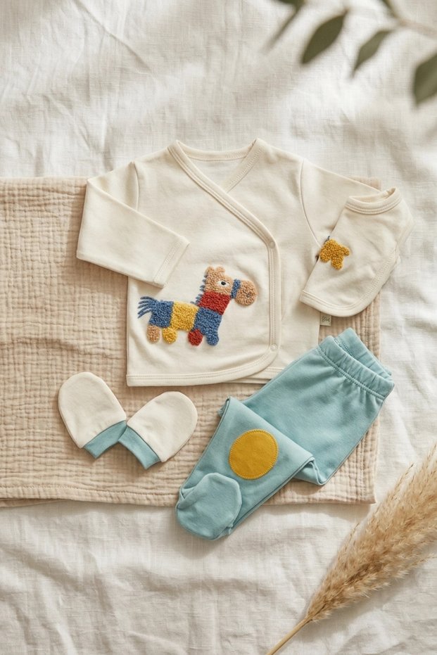 Tiny Trotter 100% Cotton Horse Embroidered Newborn 5-Piece Baby Set - Ecru & Green
