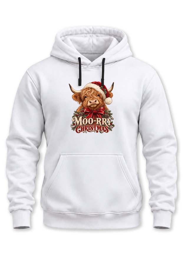 Unisex Christmas Themed Highland Cow Moo-Rry Christmas Printed Hooded Sweatshirt Hoodie