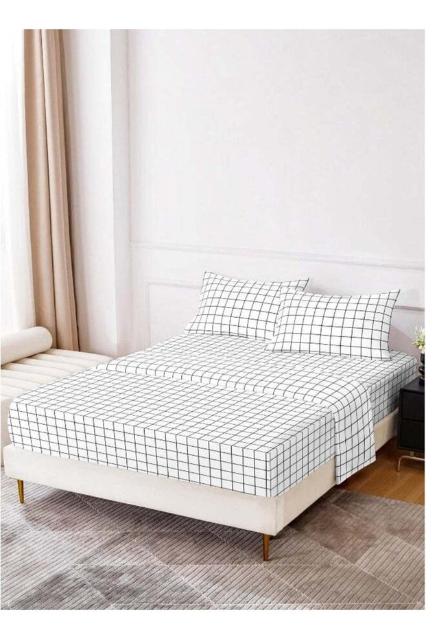 Noon East Queen Size 4Pc Fitted Sheet Set | Soft Microfiber Material | Black Grid Color | 1 Fitted S