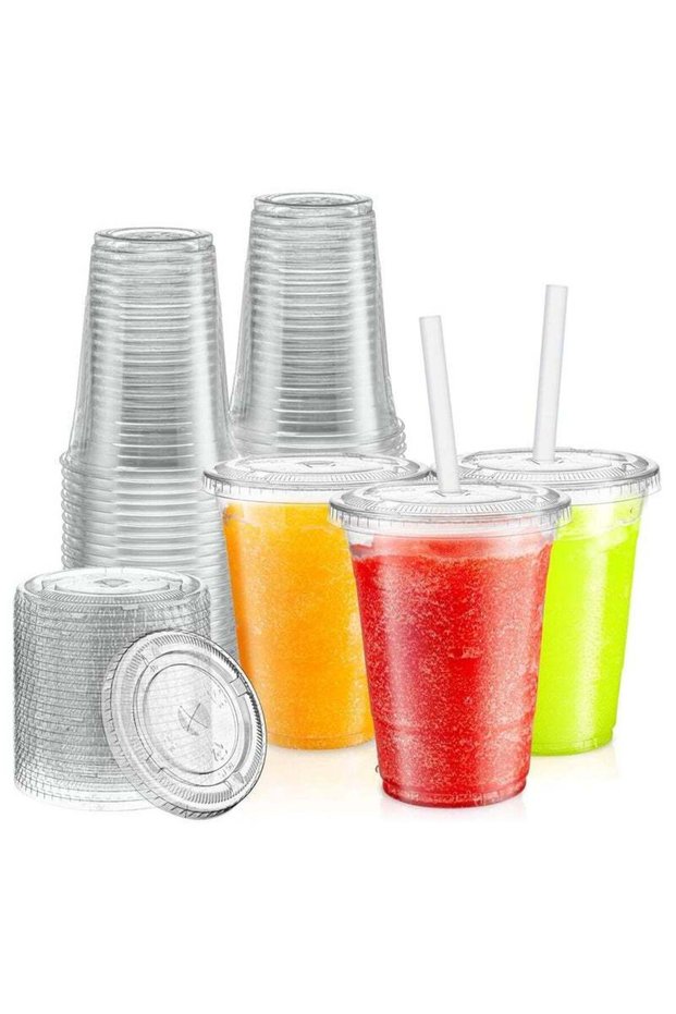 Limos Disposable Clear Plastic Glass Cups, 50 Pack 16 oz with Flat Lids, Premium BPA-Free Cups for I