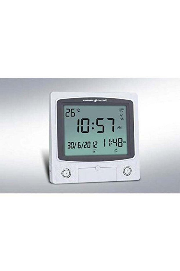 AL-HARAMEEN Digital Azan Table Alarm Clock Square Shape Carbon Fibre Silver/Black 22.5x21.5cm