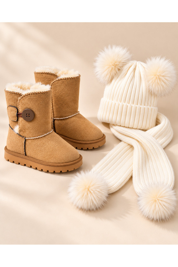 Cream Pompon-Embellished Scarf, Beret and Fur-Lined Taba Boots, Suede Boots (with Dense Fur Inside, Go One Size up)