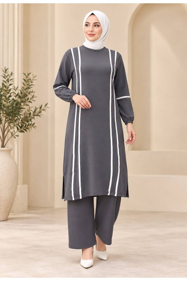 Round Necklace Collar with Ribbon Detail, Side Slits, Crystal Fabric Women's Tunic Set