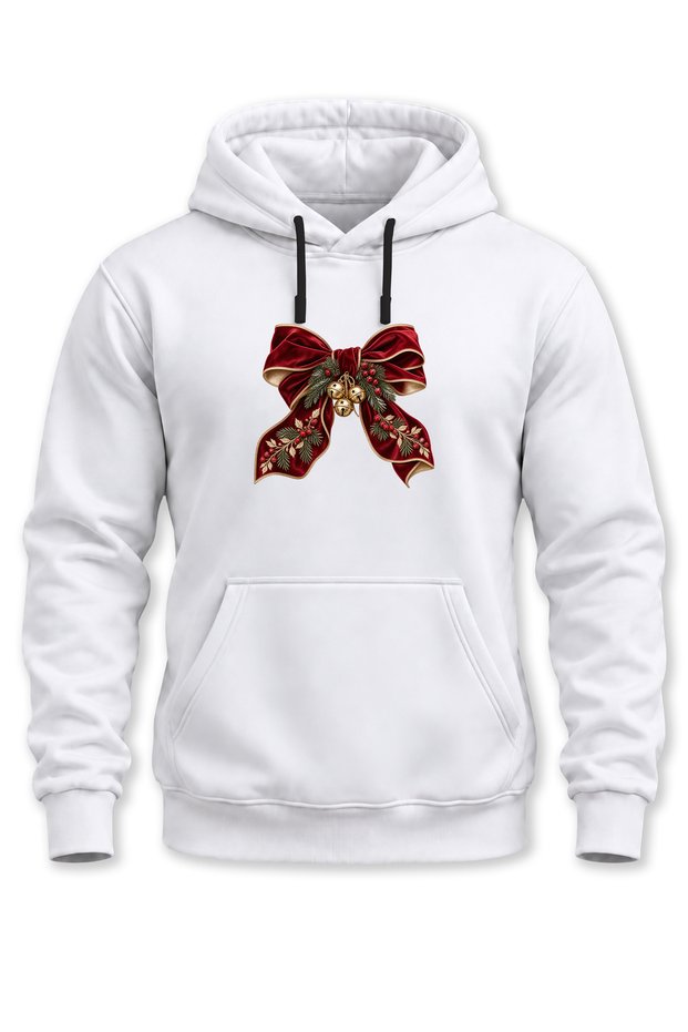 Unisex Christmas Themed Vintage Bow and Bell Printed Hooded Sweatshirt Hoodie