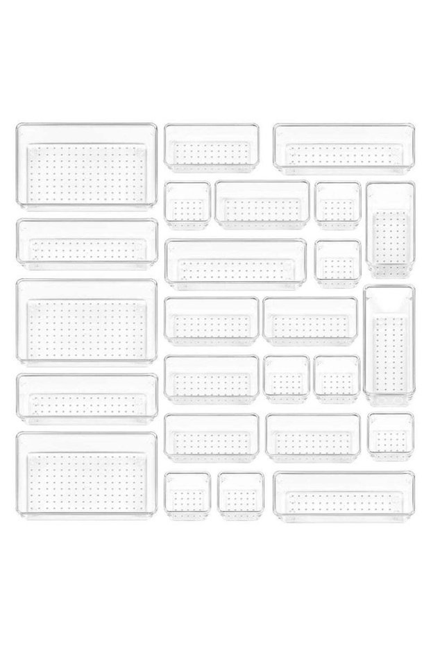 Toshionics 25pcs Clear Plastic Drawer Organizers, Featuring 4 Versatile Sizes for Bathroom, Vanity,