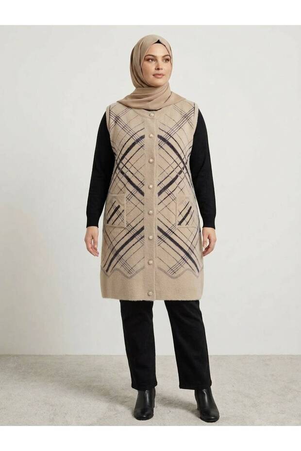 Plus Size Patterned Buttoned Stretchy Soft Vest