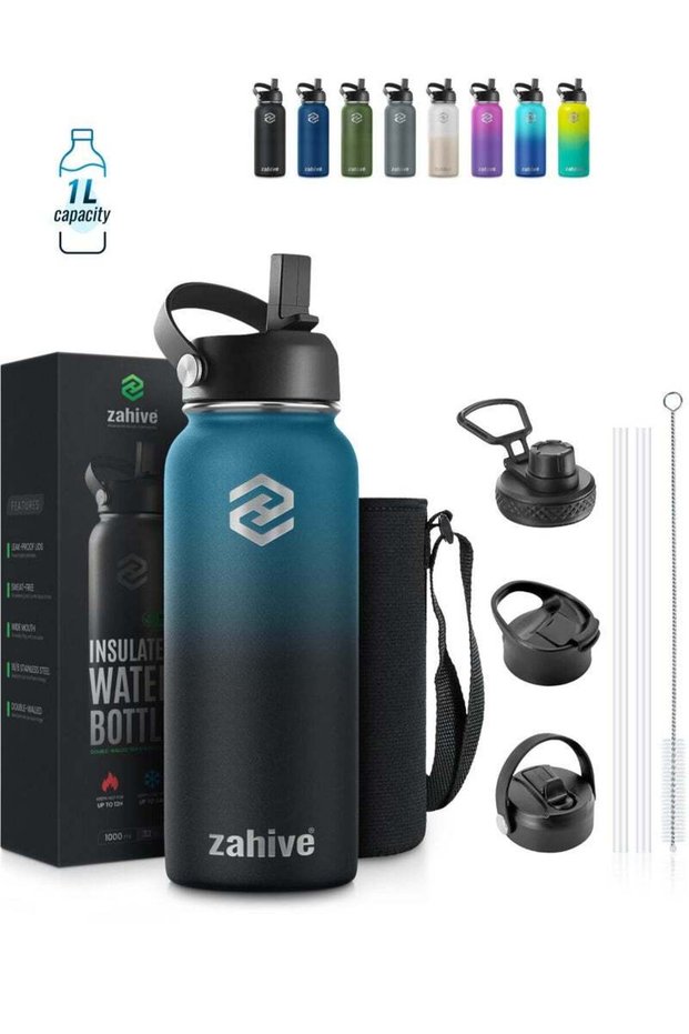 Zahive Insulated Stainless Steel Water Bottle with Straw with 3 Lids and Bag 1000 ml, Double Wall Th