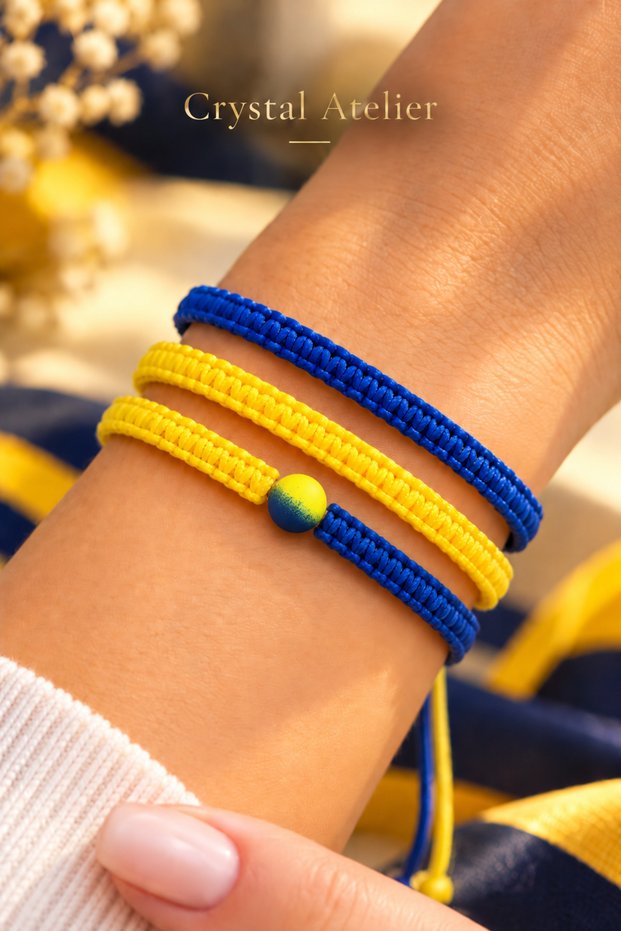 3-Piece Yellow Navy Blue Fan Bracelet with Bead Detail, Macrame Knitted Rope Bracelet, Handmade Unisex Adjustable