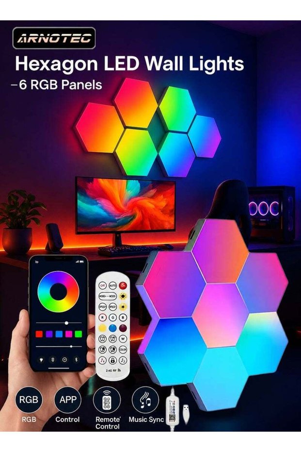 ARNOTEC Hexagon LED Wall Lights 6 Panels, Smart RGB Gaming Lights with Bluetooth App & Remote Contro