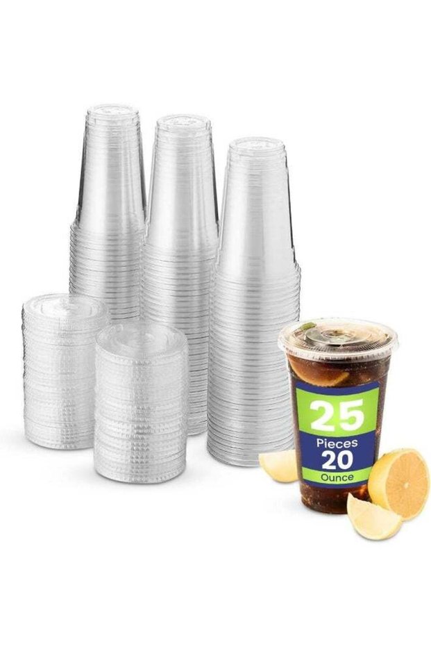 SNH Packing [Pack of 25] Plastic Juice Cup 20 Ounce With Lid Strong Ideal For Iced Coffee Smoothies
