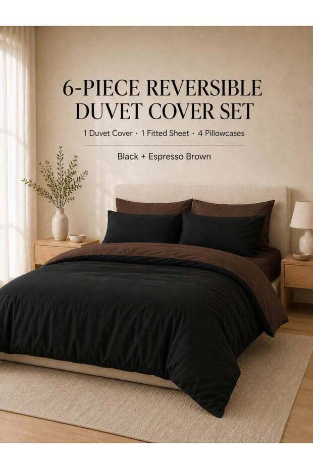Good Sleep King Size Duvet Cover Set | 6 Piece Reversible | 220x240 cm | Black & Brown Dual-Tone | D