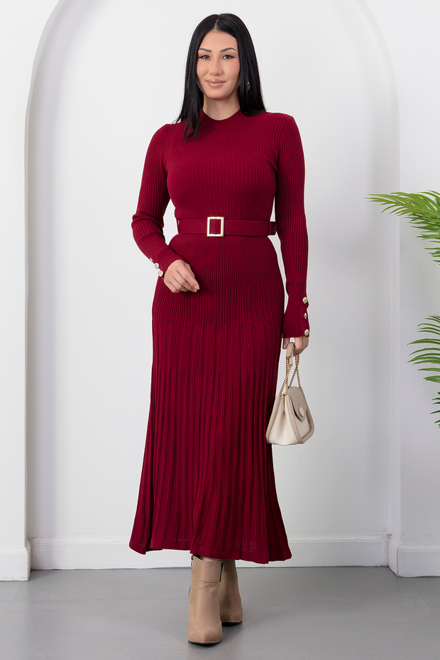 Crew Neck Pleated Skirt Belted Knitwear Dress Pl4075