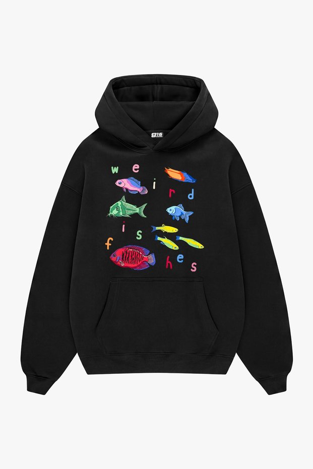 Weird Fishes Printed Black Oversize Unisex Hoodie