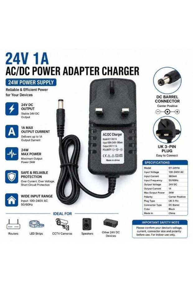 Fukukawa 24V 1A AC/DC Power Adapter Charger, 100-240V Input, 24V DC 1A Output, 24W Max, UK Plug, Cen