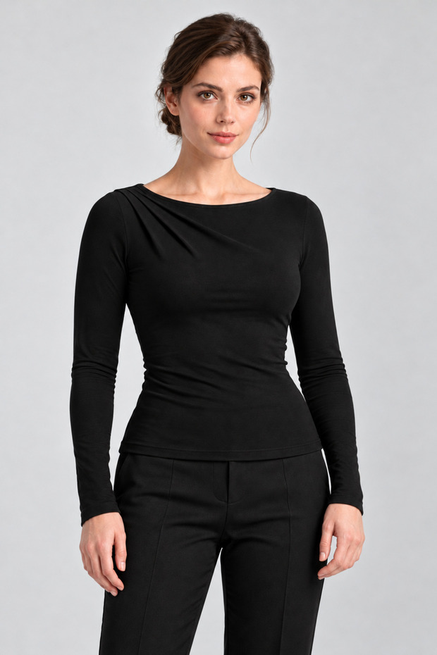 Long Sleeve Viscose Blouse with Shoulder Pleat Detail