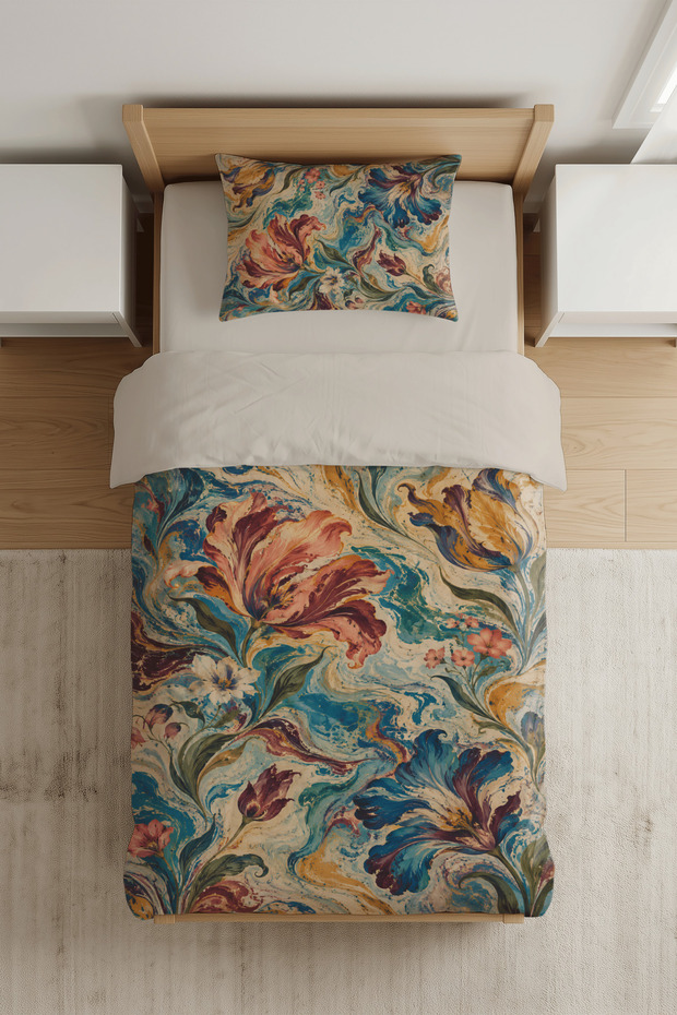 Marble Bloom Marble Flower Patterned Digital Printed Single Duvet Cover Set - Without Sheets