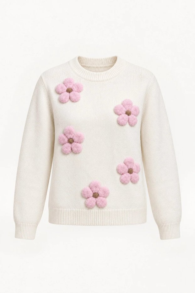 Women's Ecru Crew Neck Three-Dimensional Floral Appliqué Knit Sweater