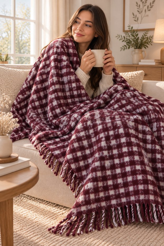 Valeria Cotton Fringed Tv Blanket 180X220Cm 5 Different Colors | Cotton Blanket | Burgundy