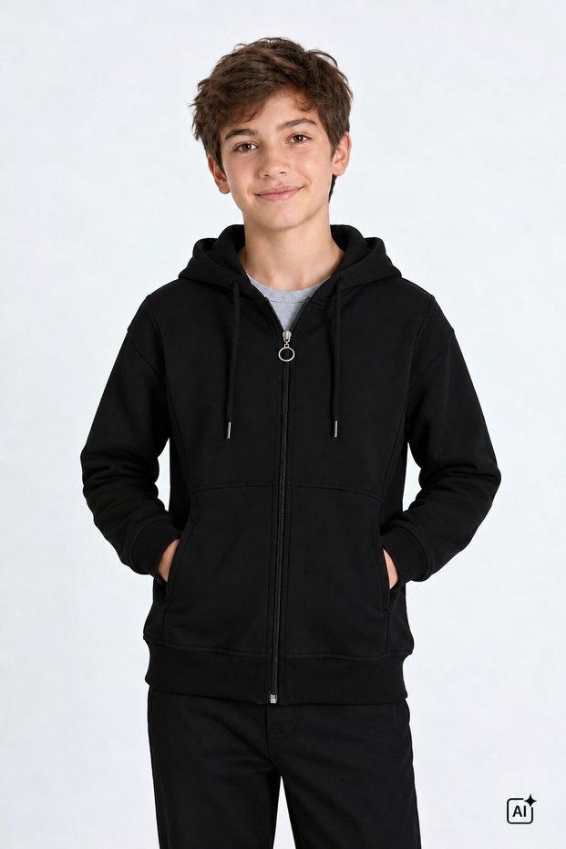 Boy's Black Basic Hooded 3 Thread Ribbed Cardigan 25060