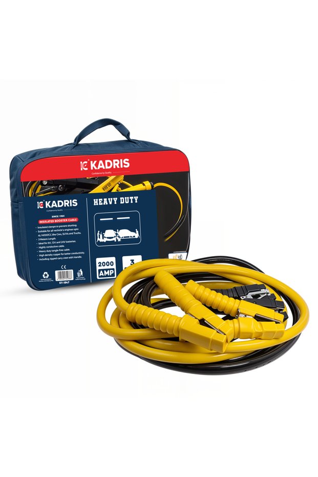 Heavy Duty Car Battery Jumper Cables, 2000 AMP, 3 Metre Booster Leads with Insulated Clamps, Gloves & Carry Case, for 6V, 12V & 24V Batteries, ET-1847