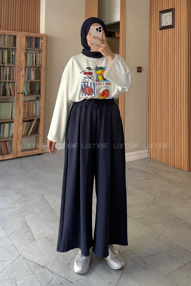 Crystal Fabric Skirt Trousers Navy Blue