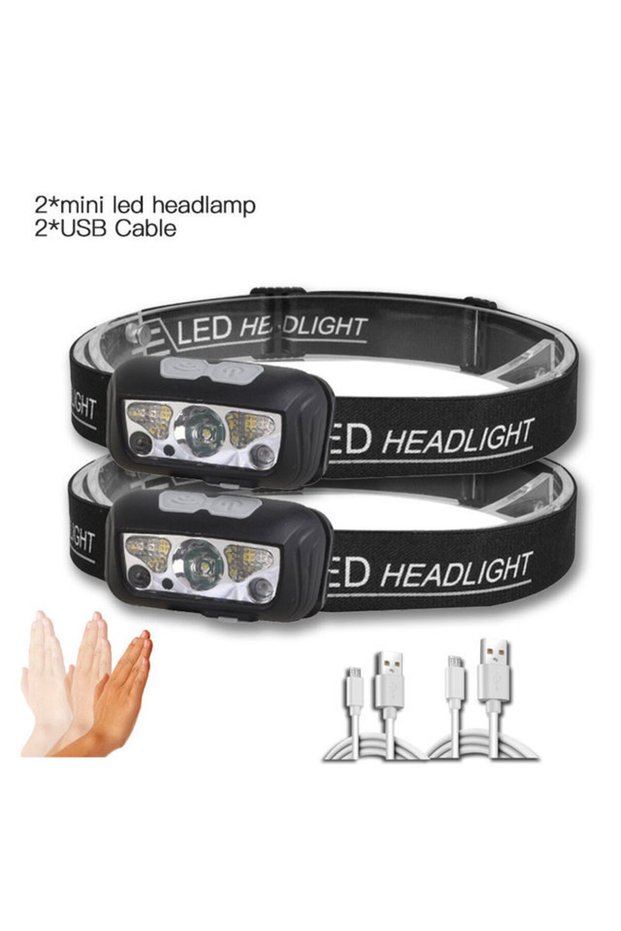 Headlamp 2PCS Mini Headlamp USB Rechargeable Head Light with Wave Sensor Flashlight Outdoor