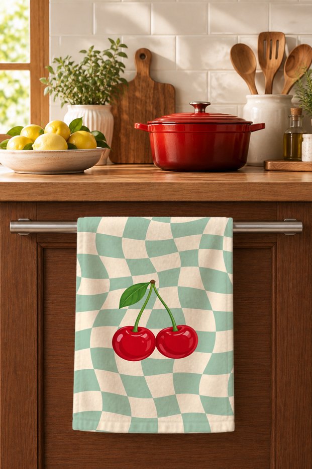 Cherry Patterned Kitchen Hand Towel 35X50 cm Cotton Digital Printed Decorative Towel