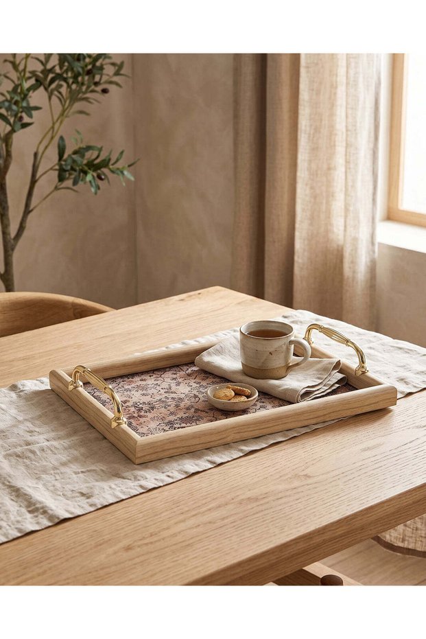 صينية زهور مستطيلة طبيعية وذهبية 40x25 سم