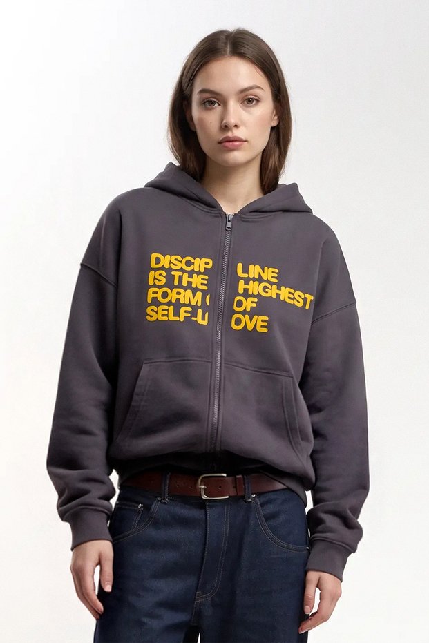 Oversize Hooded Cardigan Women's Smoked Zippered Thick Sweatshirt with Lettering Print Discipline