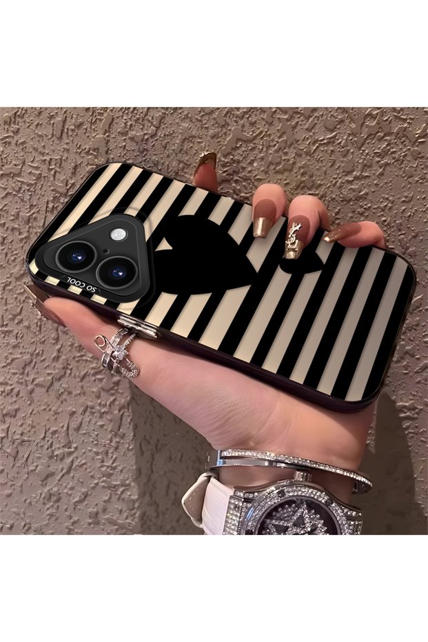 iPhone 16 Plus Compatible Striped Black Case, Shock-Resistant Silicone, Stylish