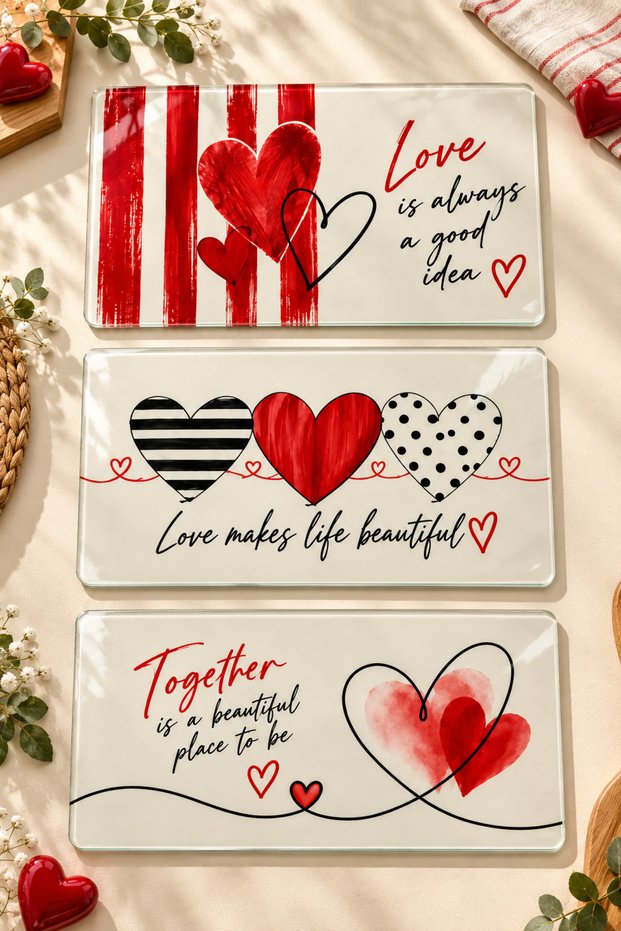 3-Piece Glass Cutting Board |   Lovely Hearts |   17cm X 29cm