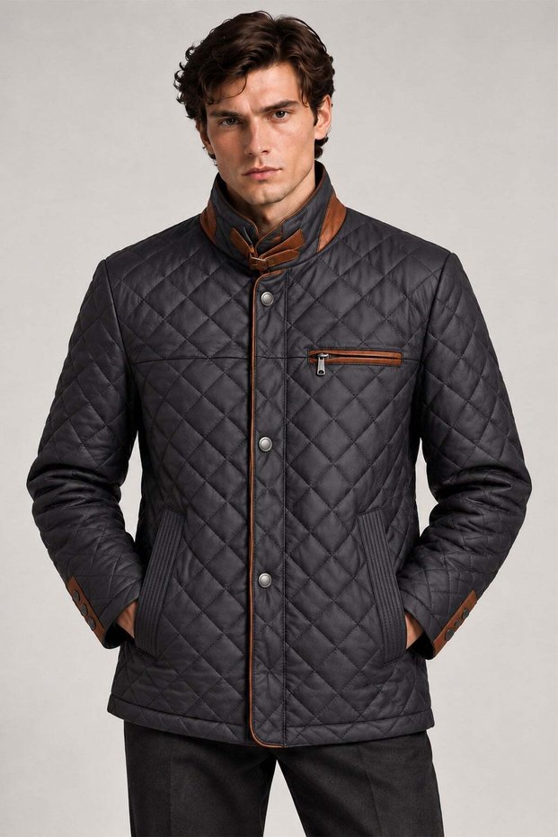 Men's Navy Blue Tan Detailed Quilted Genuine Leather Jacket