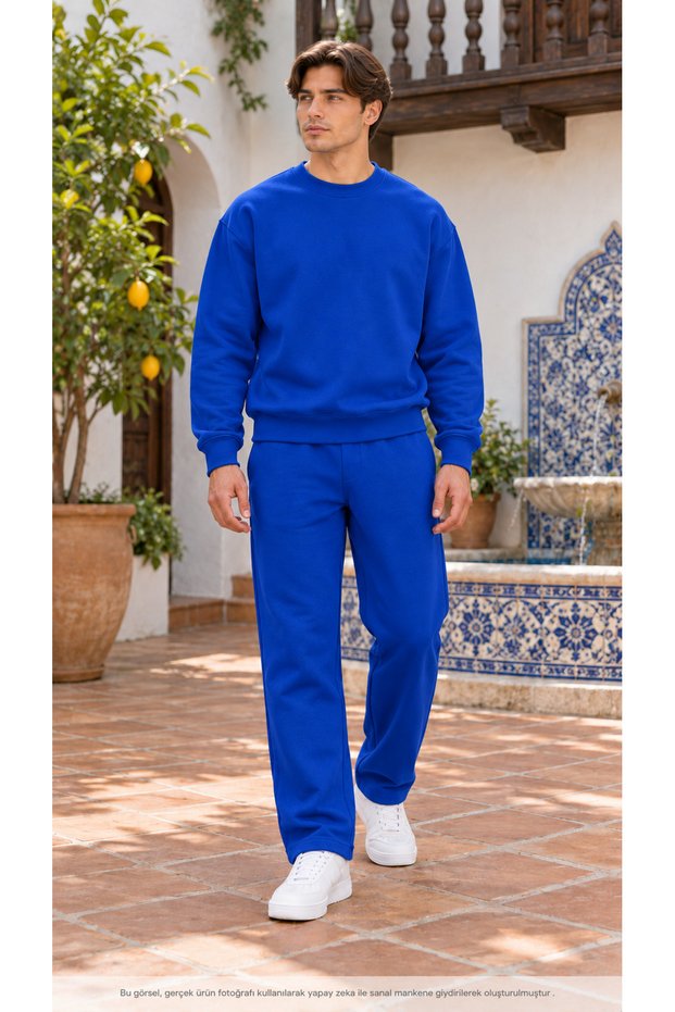 Men's Basic Crew Neck Sweatshirt and Sweatpants Set - Draped Comfortable Fit Sweatshirt and Sweatpants Combination Set