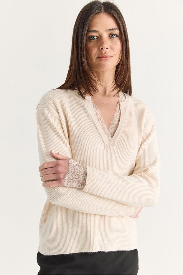 Women's Cream Lace Detailed V-Neck Long Sleeve Ribbed Knitwear Sweater Tk261069 60286723