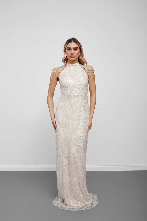 Ecru halter neck sequin embellished beaded evening gown