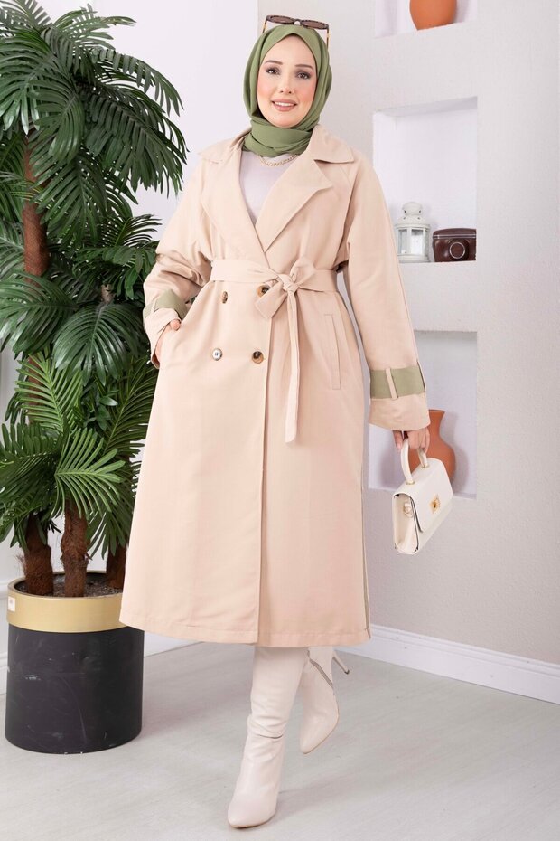 Premium Double-Breasted Collar Long Trench Coat Beige