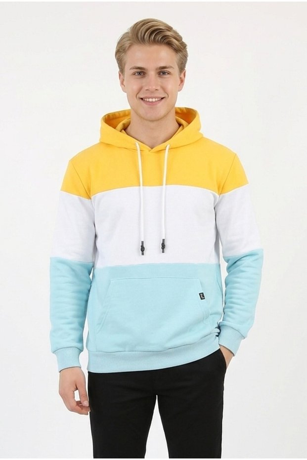 Men's Three-Thread Ribbed Hooded Casual Sweatshirt with Kangaroo Pocket
