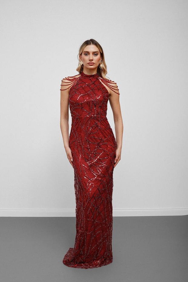 Burgundy halter neck sequin embellished beaded evening gown