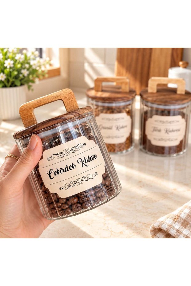 3-Piece 550 ml Striped Acacia Lid Vacuum Coffee Jar (4-Piece Label Gift) Borosilicate Storage Container
