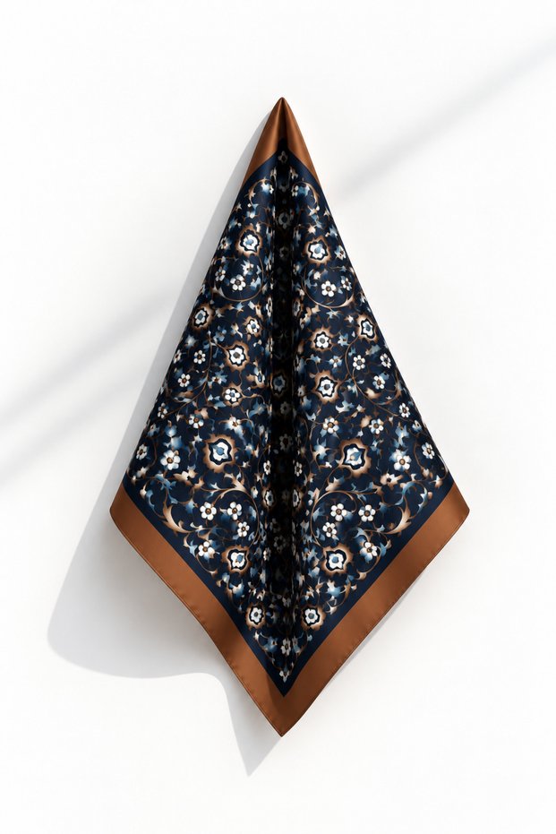 Navy Blue Floral Patterned Satin Scarf 50X50 cm – Brown Edged Silky Textured Ethnic Shawl Patterned Women's Scarf