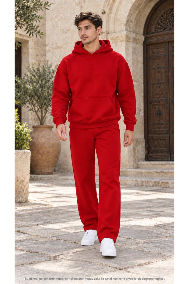 Men's Basic Hooded Tracksuit Set - Draped Comfortable Fit Sweatshirt with Kangaroo Pockets and Sweatpants Combination Set