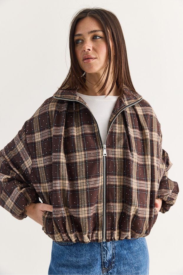 Women's Brown Plaid Patterned Lined Bomber Jacket with Stone Details, Stand-Up Collar, and Zipper Closure Dc261012 60286766