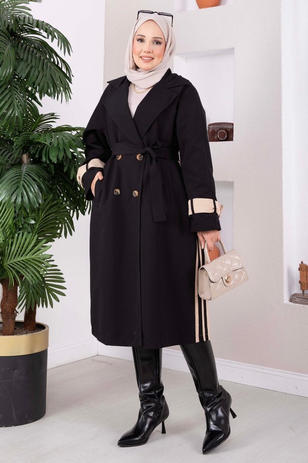 Premium Double-Breasted Collar Long Trench Coat Black