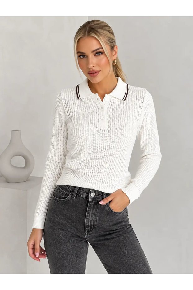 Women's Striped Polo Collar Buttoned Cotton Thessaloniki Knitwear Sweater 12540