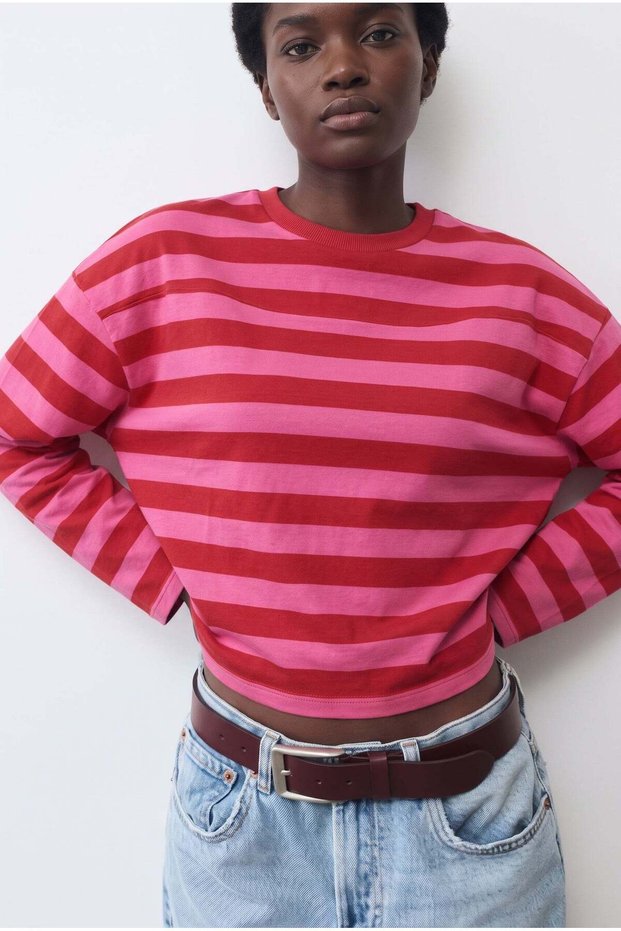 Red-pink striped long sleeve boxy t-shirt