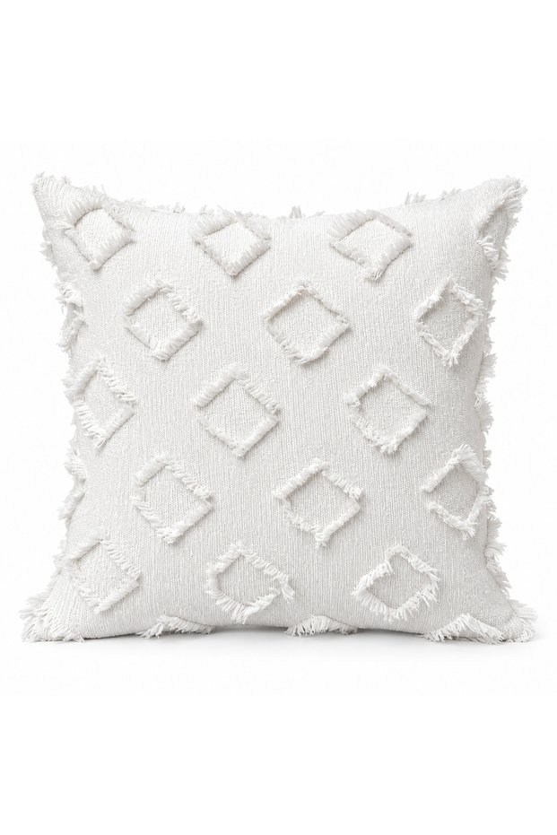 Single Pom-Pom Cushion Cover _Double-Sided Luxury Fringed Cushion Cover_Decorative Bearded Square Cushion 41X41 White