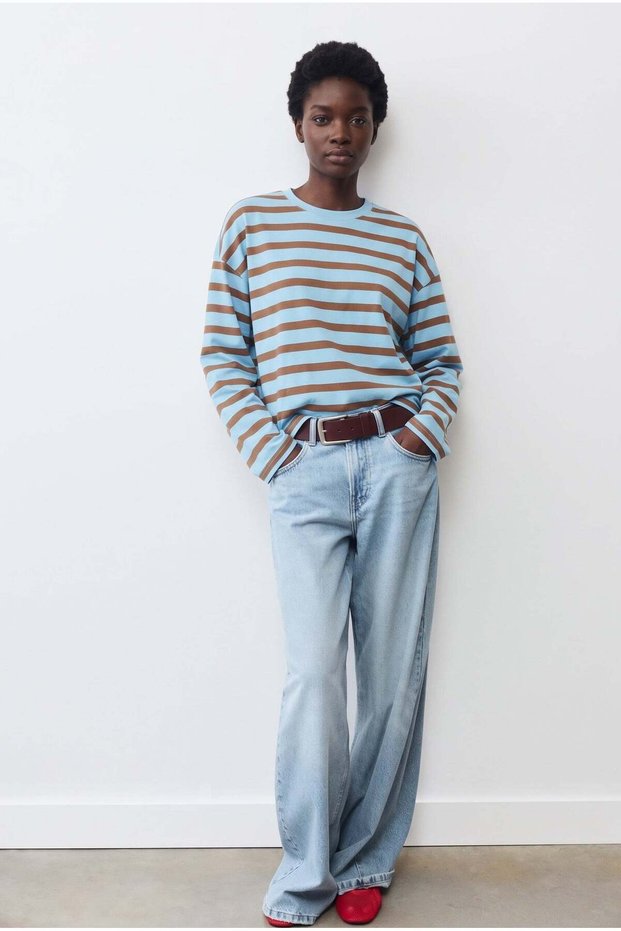 Blue-Brown Striped Long Sleeve Boxy T-Shirt