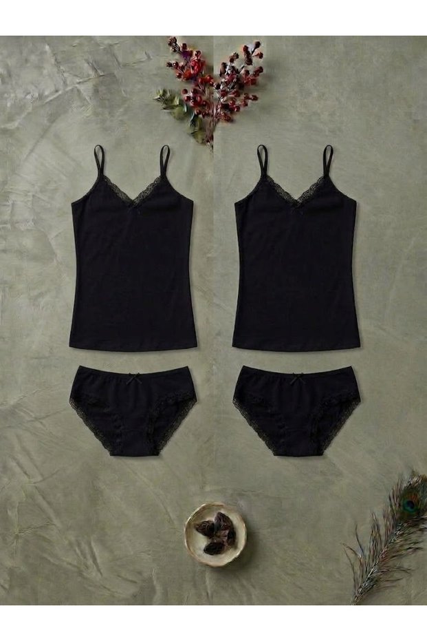 Women's Lace Strap 2-Piece Black Color Athlete Panties Set