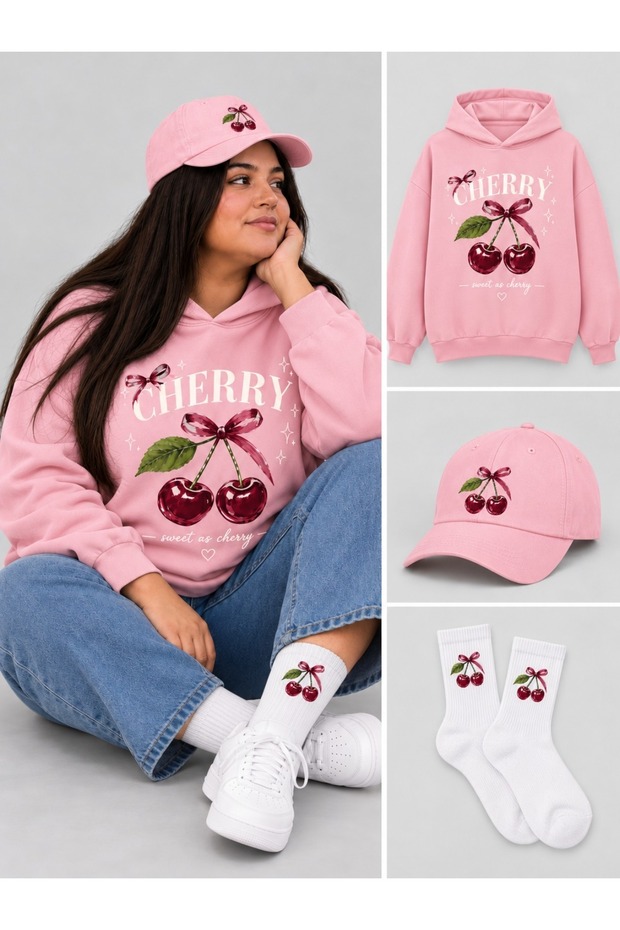 Hooded Oversize Sweatshirt Pink Hat Socks Set of 3 Unisex