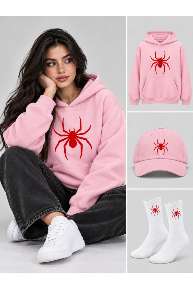 Hooded Oversize Sweatshirt Pink Unisex Set of 3 Hat and Socks